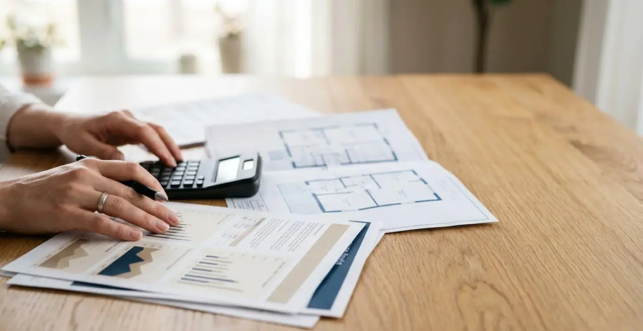Main d'une personne consultant un dispositif de suivi de consommation énergétique moderne avec documents financiers et clés de maison sur un bureau