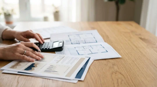 Main d'une personne consultant un dispositif de suivi de consommation énergétique moderne avec documents financiers et clés de maison sur un bureau