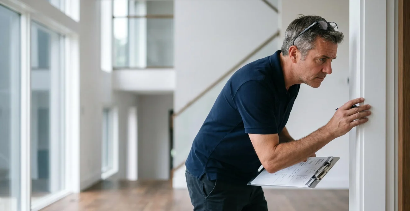 Professionnel inspectant méticuleusement les finitions d'une maison neuve lors de la visite de réception avec documents techniques