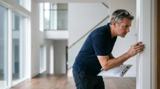 Professionnel inspectant méticuleusement les finitions d'une maison neuve lors de la visite de réception avec documents techniques