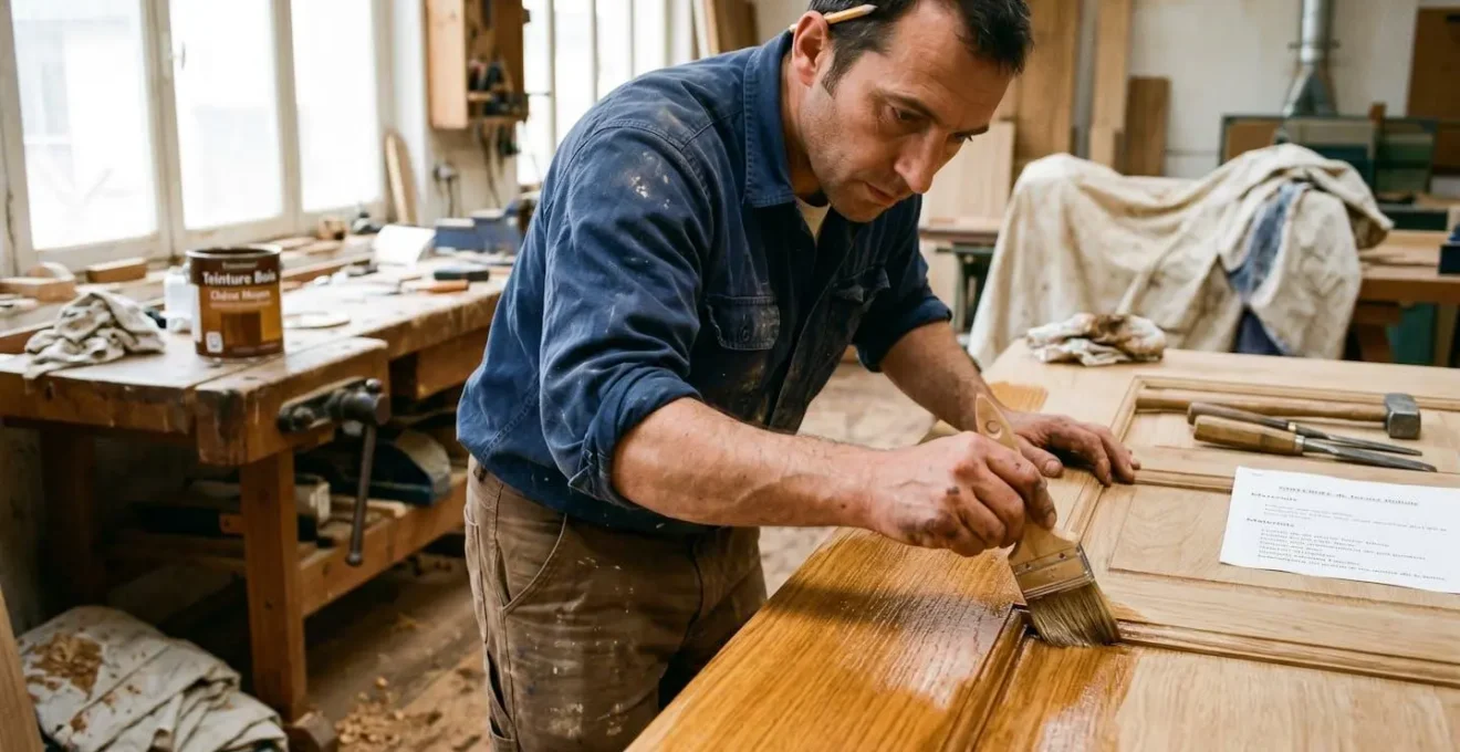 Artisan menuisier appliquant au pinceau une lasure protectrice sur une surface de porte en chêne massif