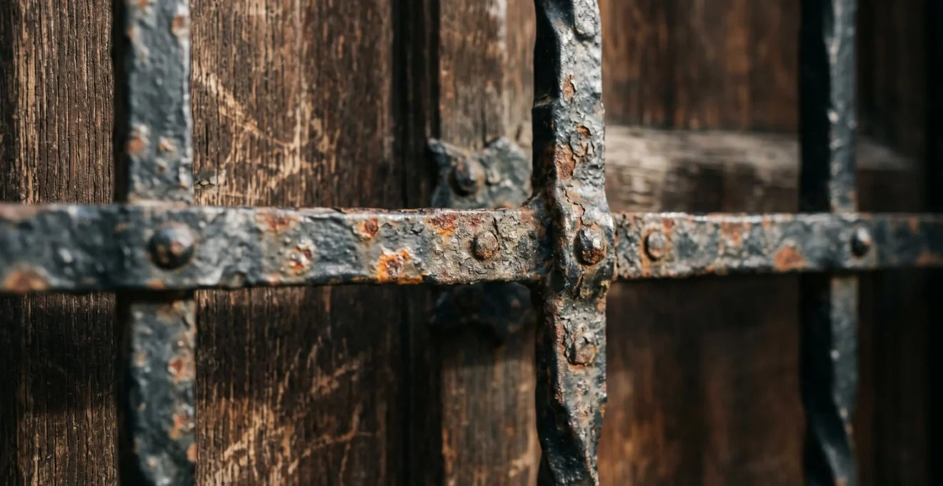 Gros plan sur une section de grille en fer forgé présentant des traces de corrosion superficielle et d'oxydation