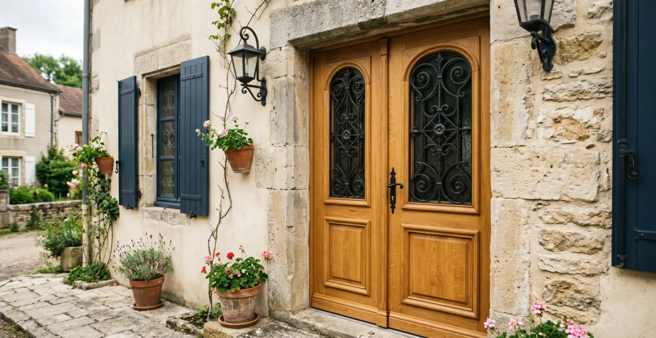 Porte d'entrée en chêne massif avec grilles en fer forgé intégrées, installée sur une façade de maison traditionnelle française