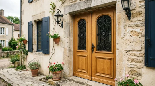 Porte d'entrée en chêne massif avec grilles en fer forgé intégrées, installée sur une façade de maison traditionnelle française